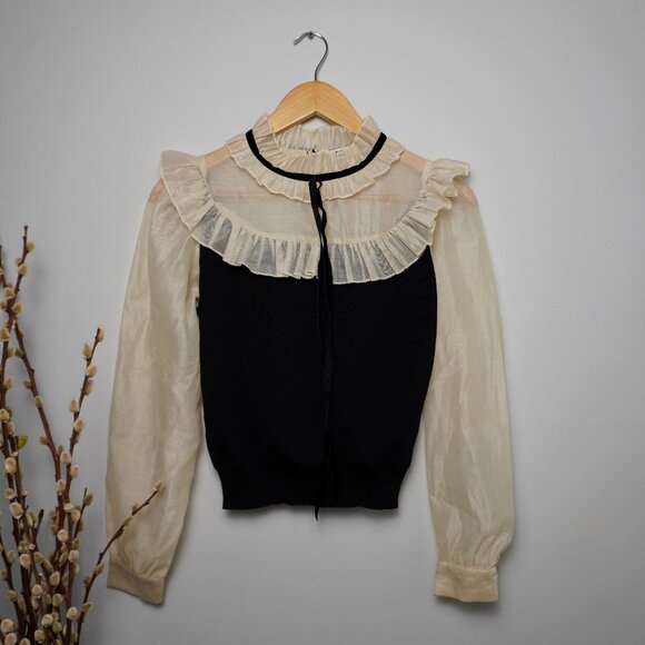 Zara Contrast Knit & Organza Ruffled Blouse - Black & Cream - Picture 2 of 4